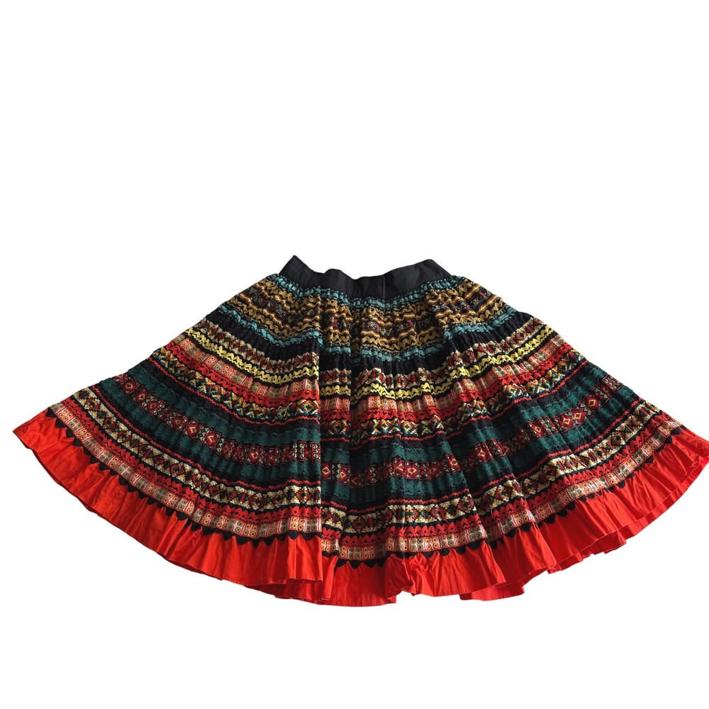 VTG Ribbon Ric Rac Flounce Colorful Red Black Rainbow Handmade Fiesta Skirt S - Picture 2 of 10